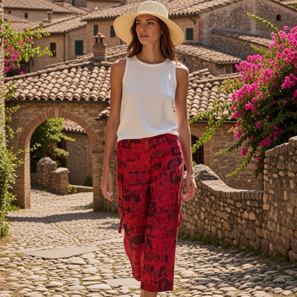 Vintage‎ Chico's 100% Linen Size 2 Baggy Capri Pants Burnt Orange Town Art 32x23